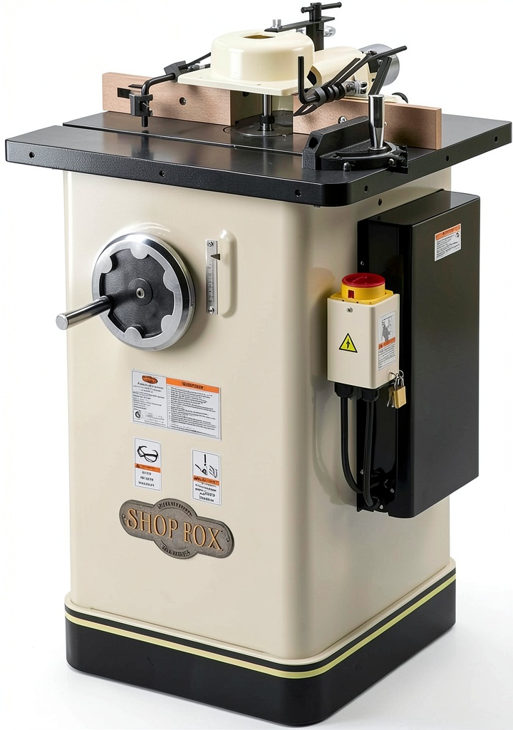 Shop Fox W1674 shaper on a workshop bench